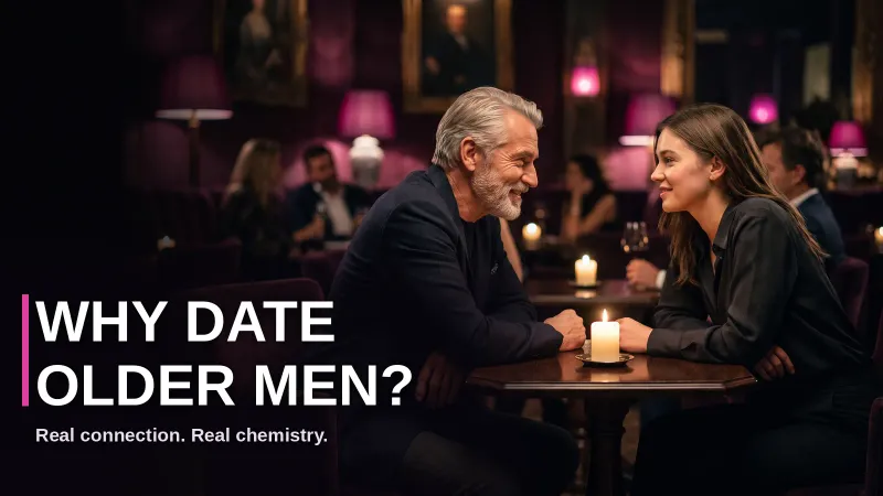 An adult couple with an age difference talking together over dinner