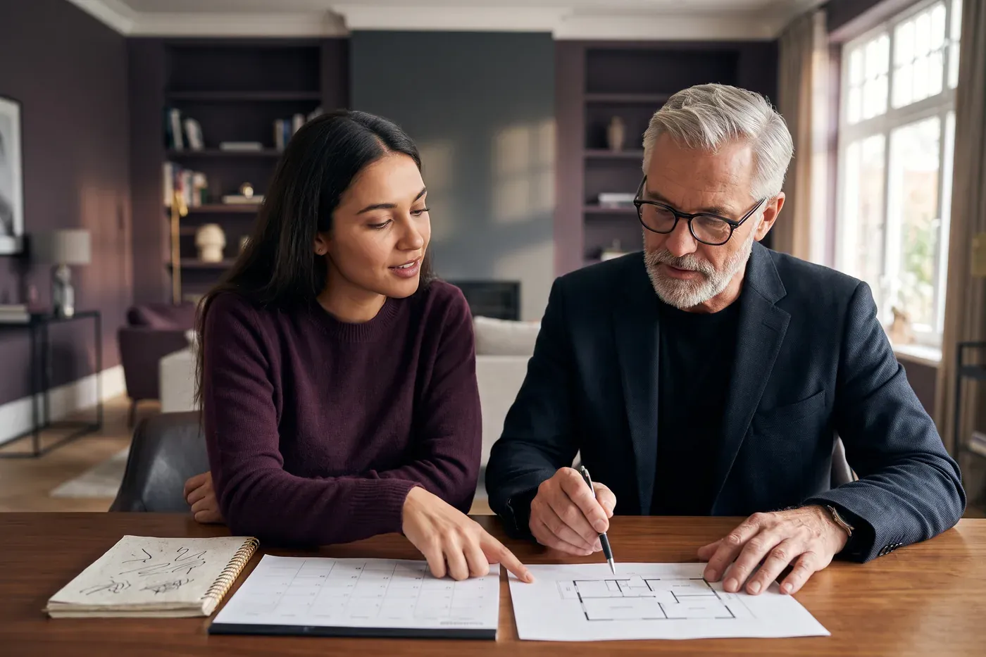 An age-gap couple reviewing future plans and shared goals.