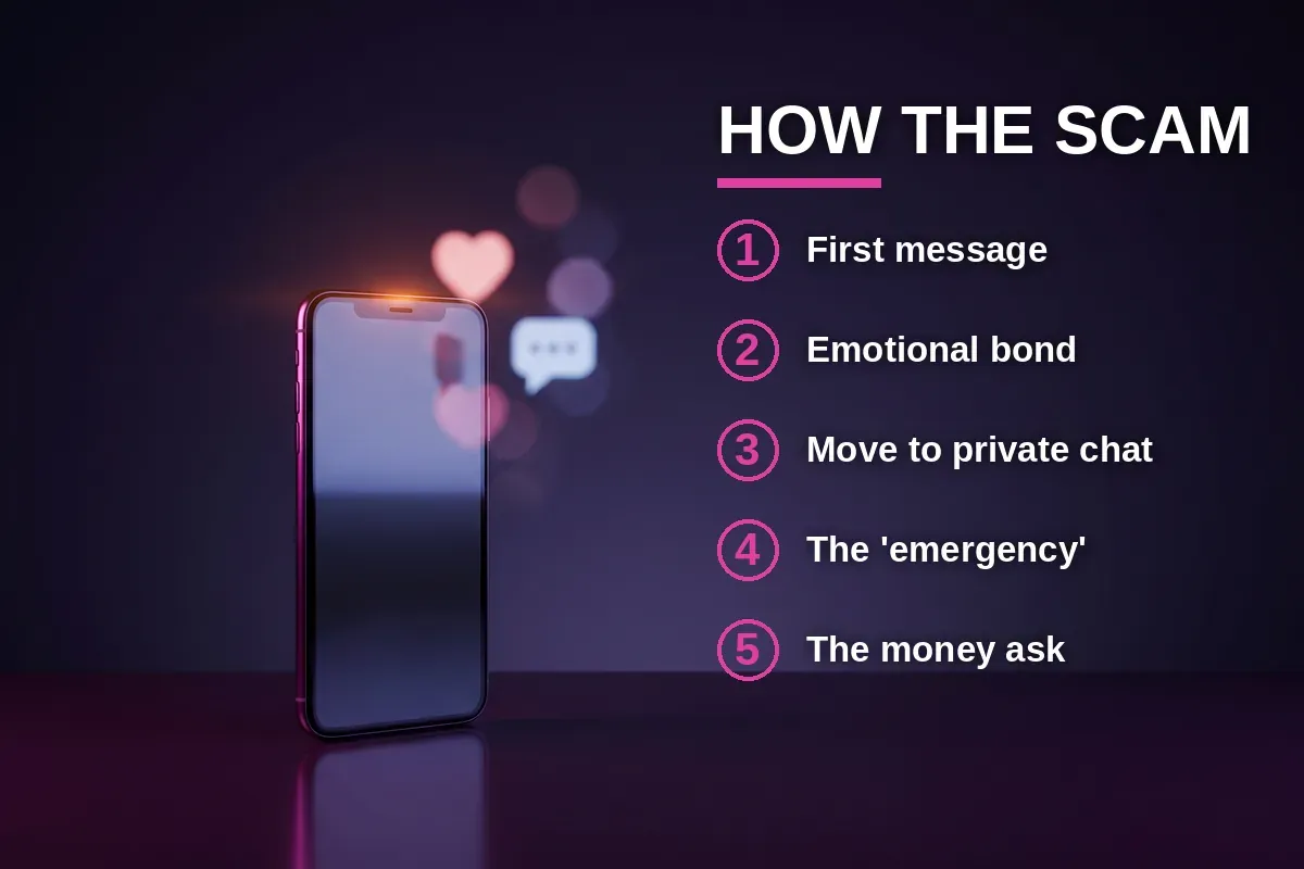 Warning signs in a suspicious online dating conversation.