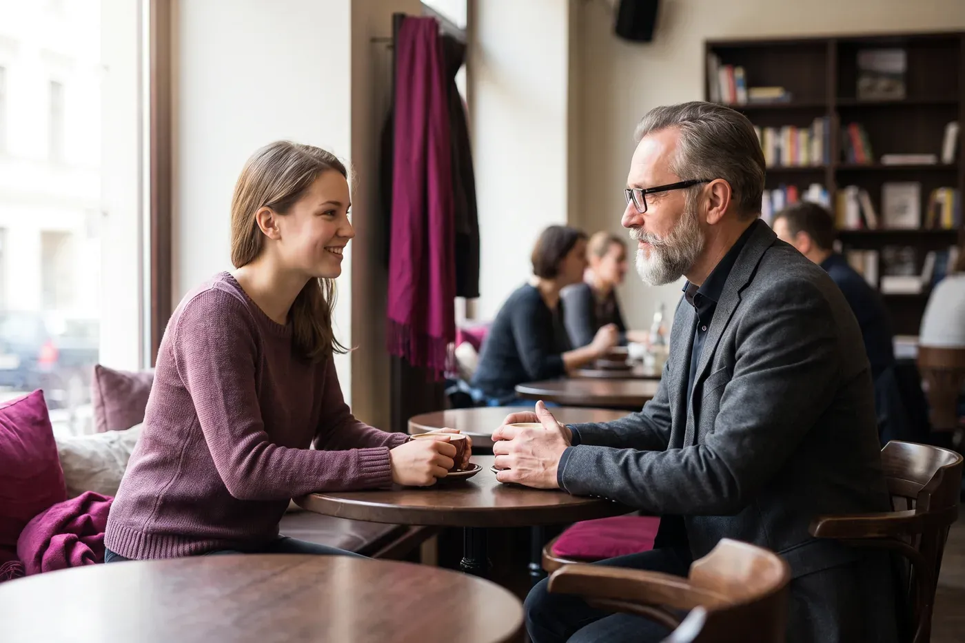 An older man and younger adult woman connecting through an honest conversation.