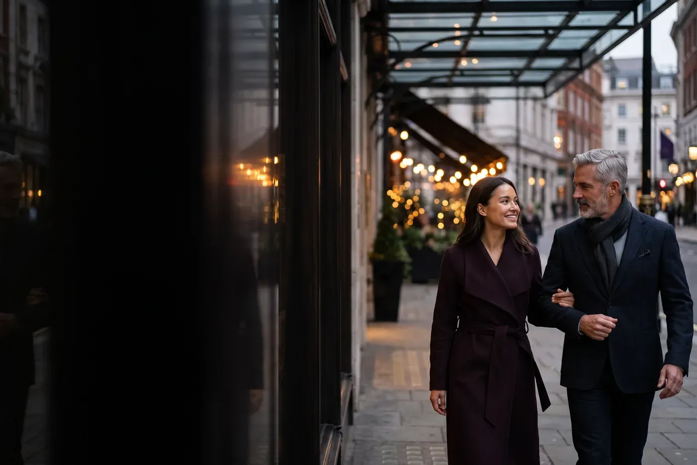 An adult couple with an age difference leaving a restaurant together.
