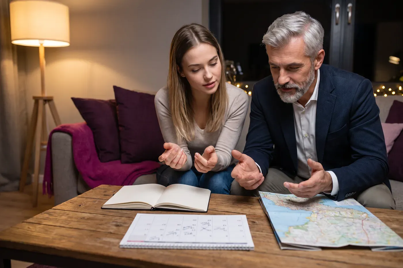 An older man and younger adult woman comparing future plans together.